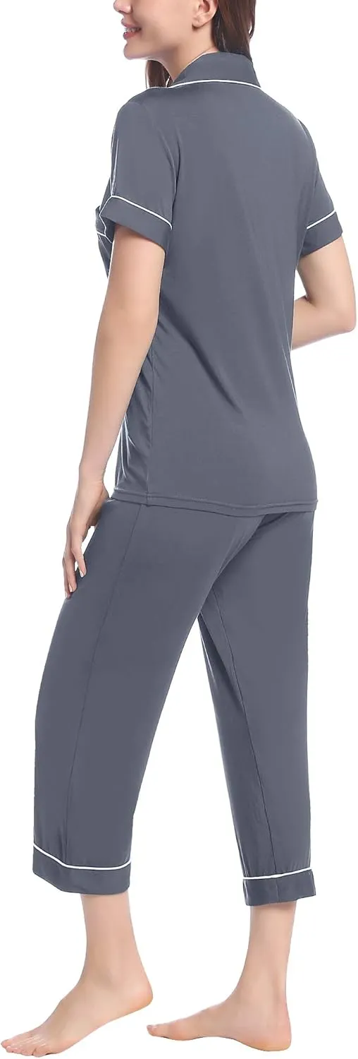 Joyaria Women Viscose Made from Bamboo Pajamas Set Cooling Capri Button Up/Down Pjs Short Sleeve Sleepwear