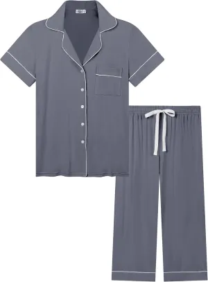 Joyaria Women Viscose Made from Bamboo Pajamas Set Cooling Capri Button Up/Down Pjs Short Sleeve Sleepwear