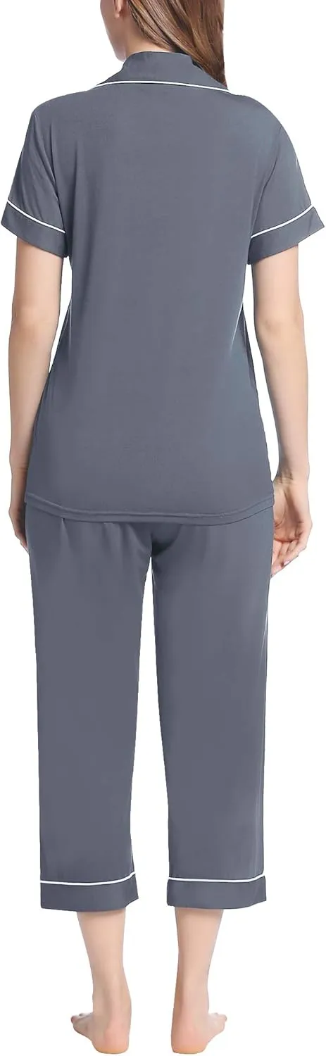 Joyaria Women Viscose Made from Bamboo Pajamas Set Cooling Capri Button Up/Down Pjs Short Sleeve Sleepwear
