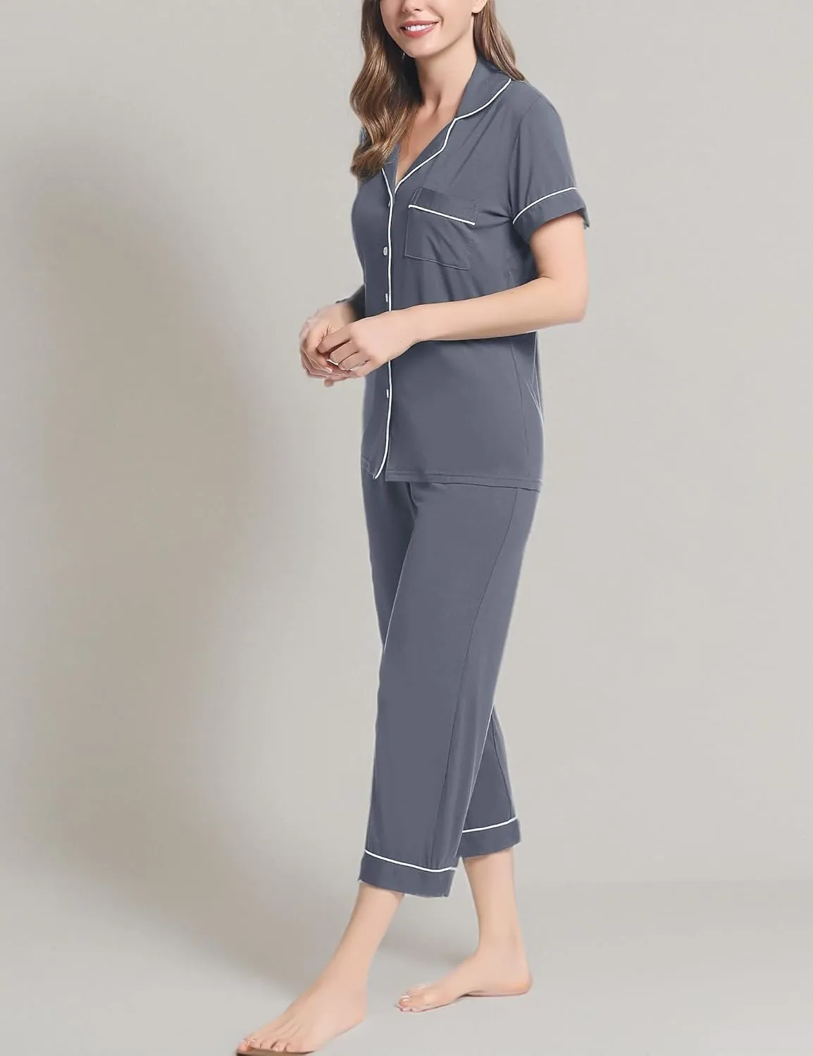 Joyaria Women Viscose Made from Bamboo Pajamas Set Cooling Capri Button Up/Down Pjs Short Sleeve Sleepwear