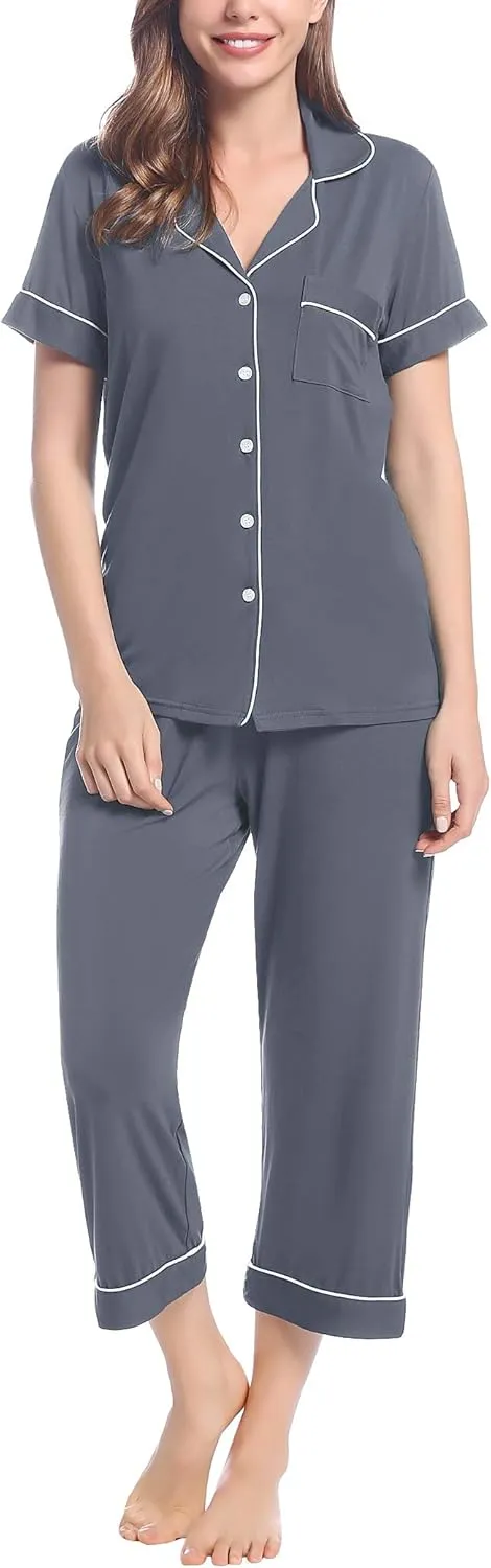 Joyaria Women Viscose Made from Bamboo Pajamas Set Cooling Capri Button Up/Down Pjs Short Sleeve Sleepwear