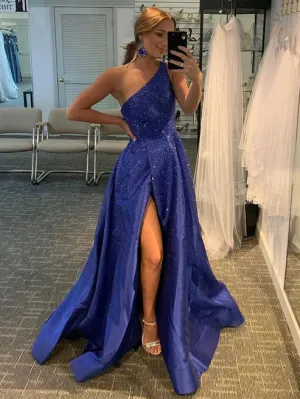 Luolandi A-Line/Princess Satin Beading One-Shoulder Sleeveless Sweep/Brush Train Dresses Sparkly Evening Dress