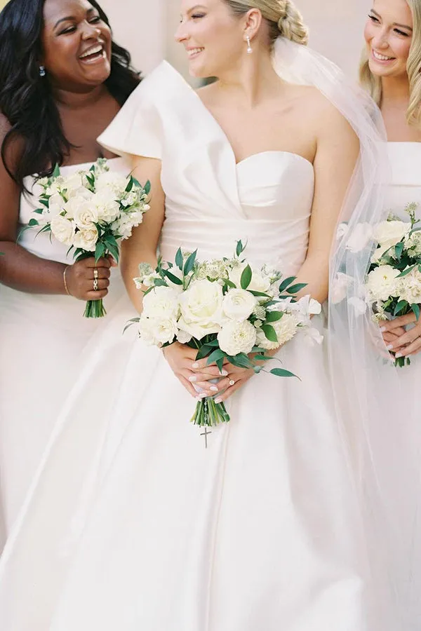 Luolandi Elegant A-Line One Shoulder White Satin Wedding Dresses Beautiful