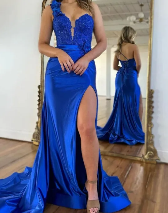 Luolandi Royal Blue Mermaid One Shoulder Lace Up Long Satin Prom Dress Sweep/Brush Train Dresses With Split Evening Dress
