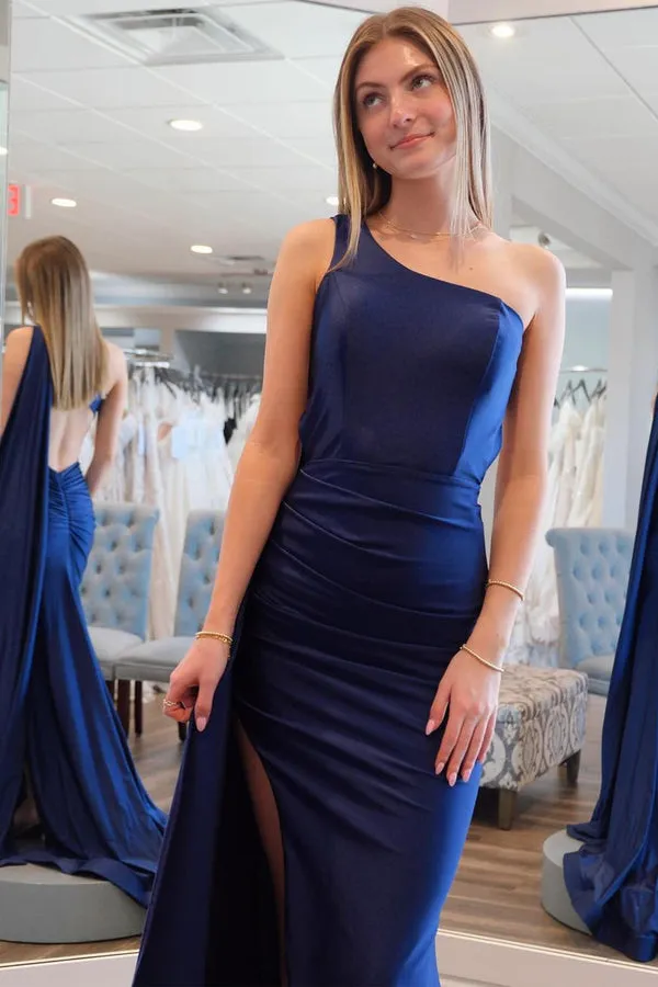 Luolandi Simple Mermaid One Shoulder Navy Blue Satin Long Prom Dresses Party Dress With Slit