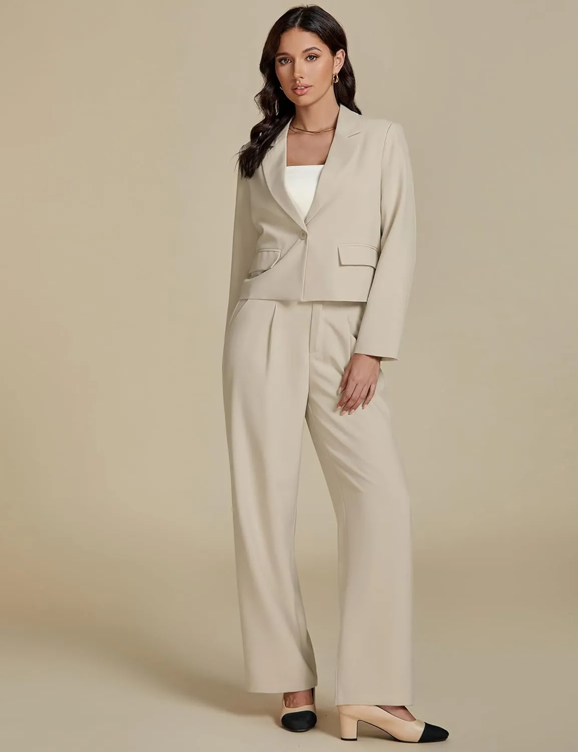 luvamia Suits for Women 2 Piece Sets Business Casual Outfits Dressy Cropped Blazer Wide Leg Pants Suit Office Work