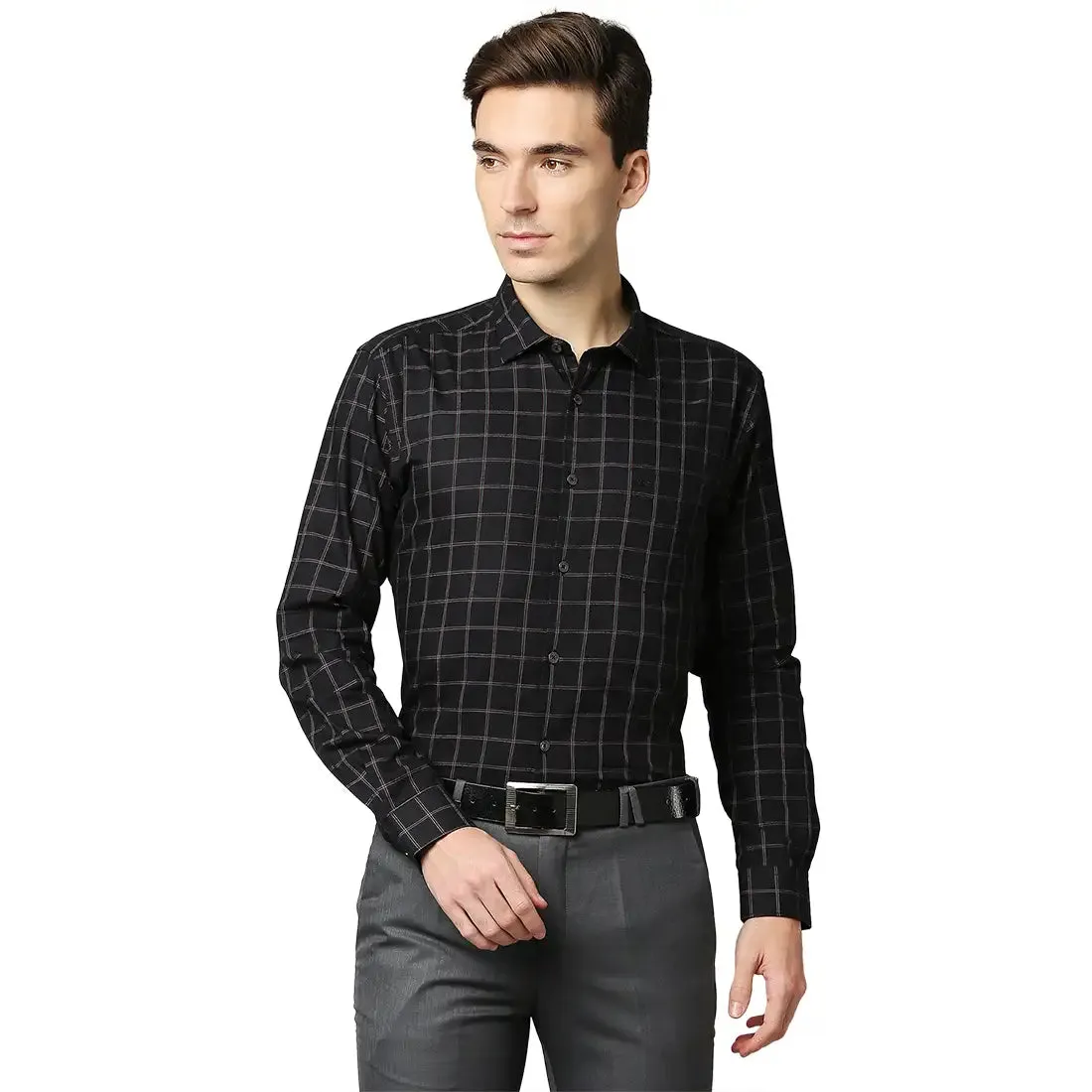 Men Black Slim Fit Checks Cotton Cut Away Collar Shirts