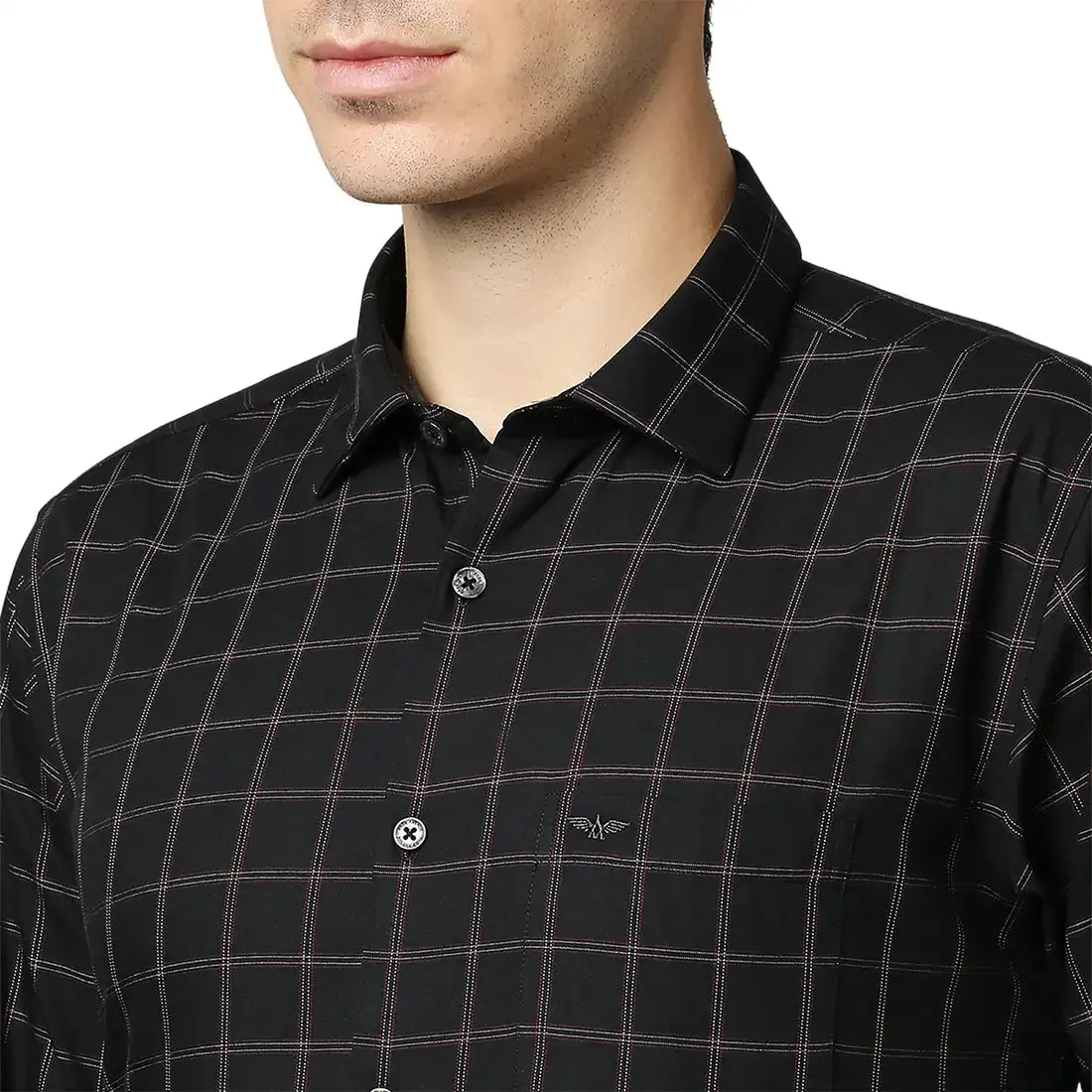 Men Black Slim Fit Checks Cotton Cut Away Collar Shirts
