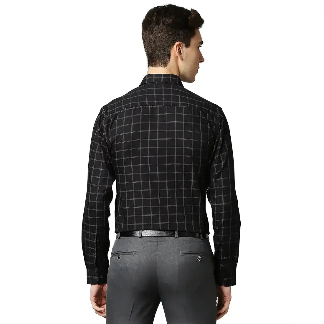 Men Black Slim Fit Checks Cotton Cut Away Collar Shirts