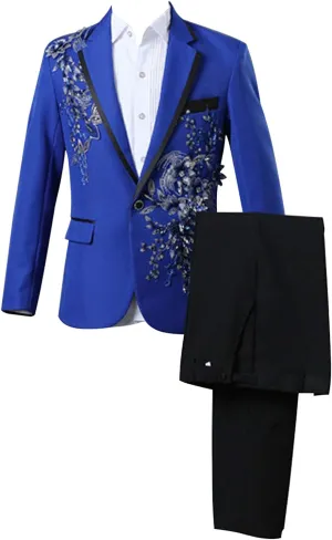 Mens 2 Pieces Luxury Embroidered Suits 1 Button Print Dinner Tuxedo Jacket Pants Prom Wedding Elegant Blazer Dress Suit (Blue,Large)