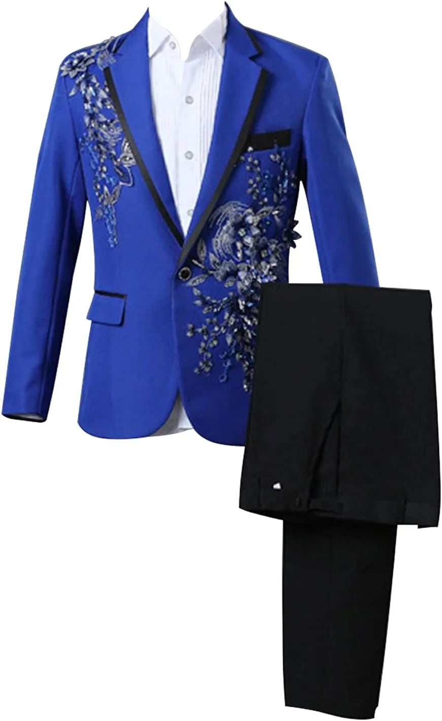 Mens 2 Pieces Luxury Embroidered Suits 1 Button Print Dinner Tuxedo Jacket Pants Prom Wedding Elegant Blazer Dress Suit (Blue,Large)