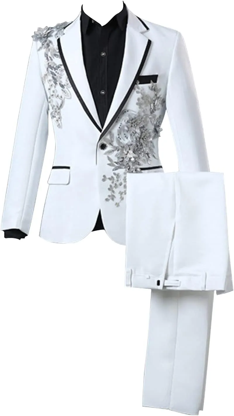 Mens 2 Pieces Luxury Embroidered Suits 1 Button Print Dinner Tuxedo Jacket Pants Prom Wedding Elegant Blazer Dress Suit (White,Large)