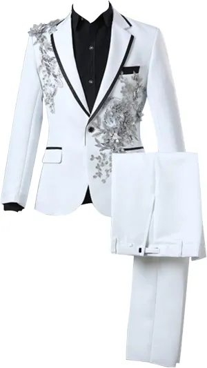 Mens 2 Pieces Luxury Embroidered Suits 1 Button Print Dinner Tuxedo Jacket Pants Prom Wedding Elegant Blazer Dress Suit (White,Large)