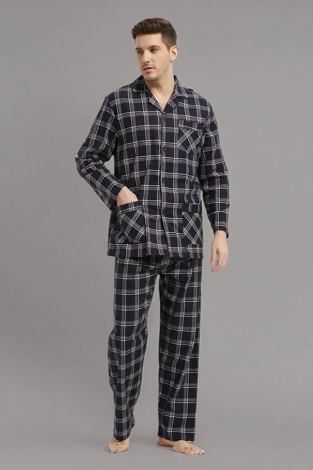 Men's Flannel Pajamas Set Men's Home Fashion Pajamas with Pockets and Drawstring 100% Cotton Soft Pjs for Men