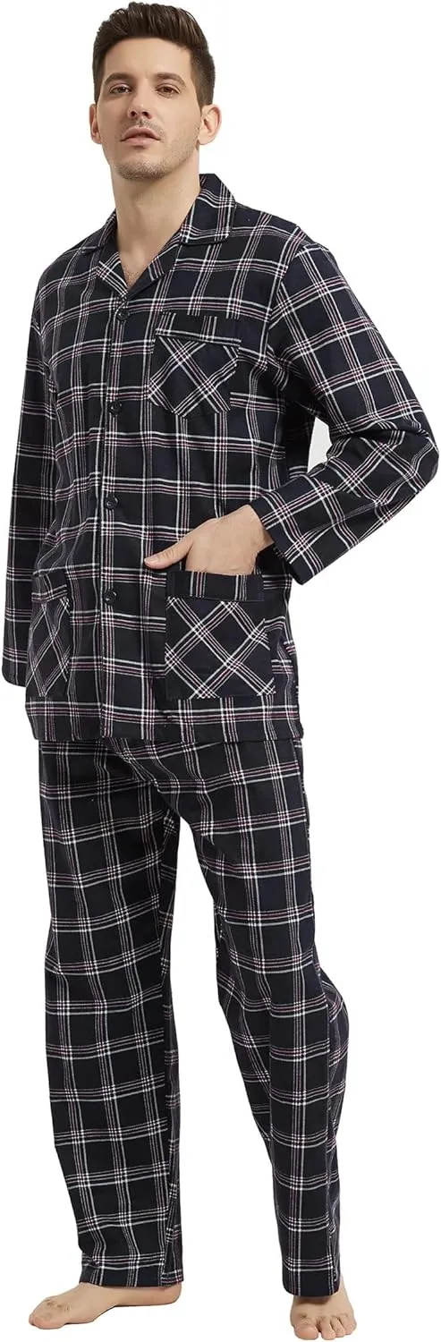 Men's Flannel Pajamas Set Men's Home Fashion Pajamas with Pockets and Drawstring 100% Cotton Soft Pjs for Men