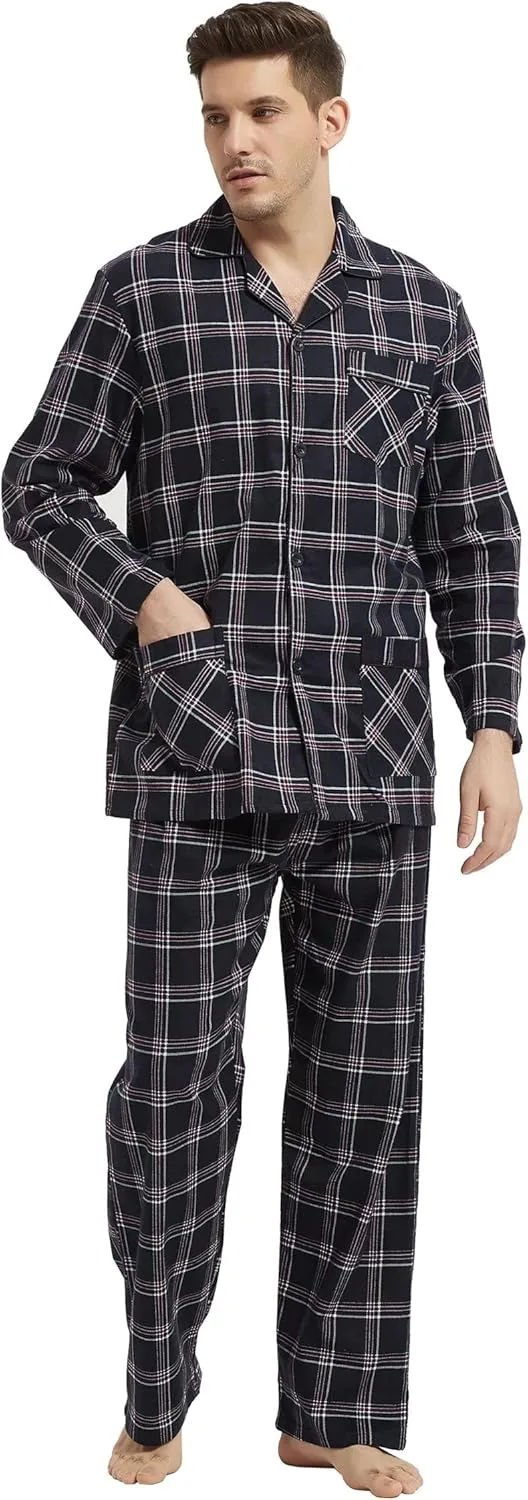 Men's Flannel Pajamas Set Men's Home Fashion Pajamas with Pockets and Drawstring 100% Cotton Soft Pjs for Men