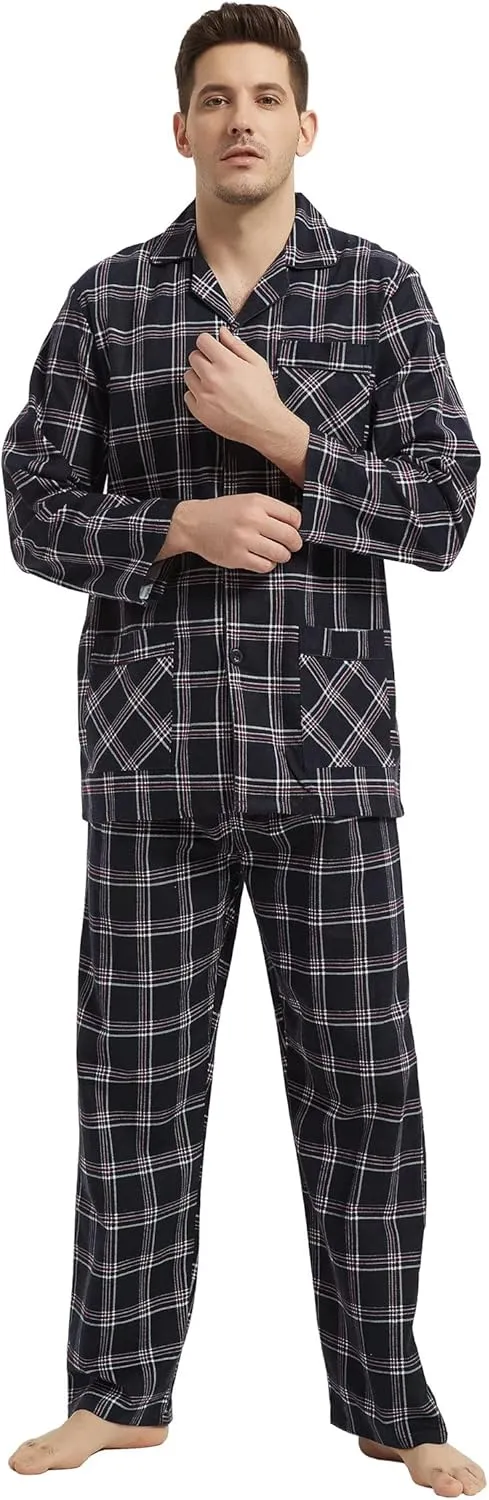 Men's Flannel Pajamas Set Men's Home Fashion Pajamas with Pockets and Drawstring 100% Cotton Soft Pjs for Men
