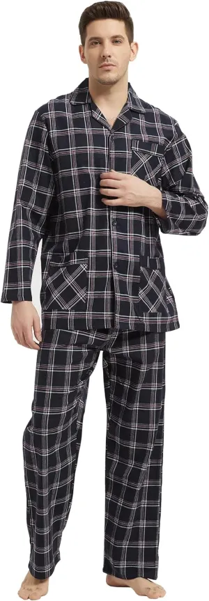 Men's Flannel Pajamas Set Men's Home Fashion Pajamas with Pockets and Drawstring 100% Cotton Soft Pjs for Men