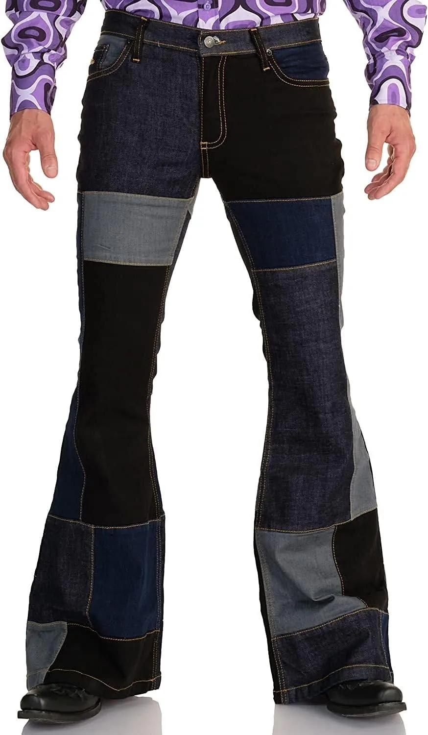 Men's Jeans Patch Flared Trousers 70s Outfits Bell Bottom Disco Denim Pants,Vintage Patch,Used Look