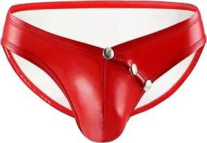 Men's Leather Lingerie Thong Sexy Wetlook Jockstrap Briefs Low Waist G-Strings Naughty Bulge Pouch Underwear Pants (Red,XX-Large)