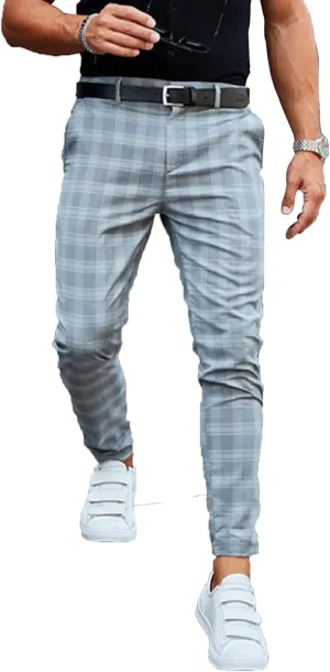 Mens Stretch Slim Fit Plaid Dress Pants with Pockets Checks Pattern Chino Trousers Fashion Casual Elasticity Button Pant (Blue,Medium)