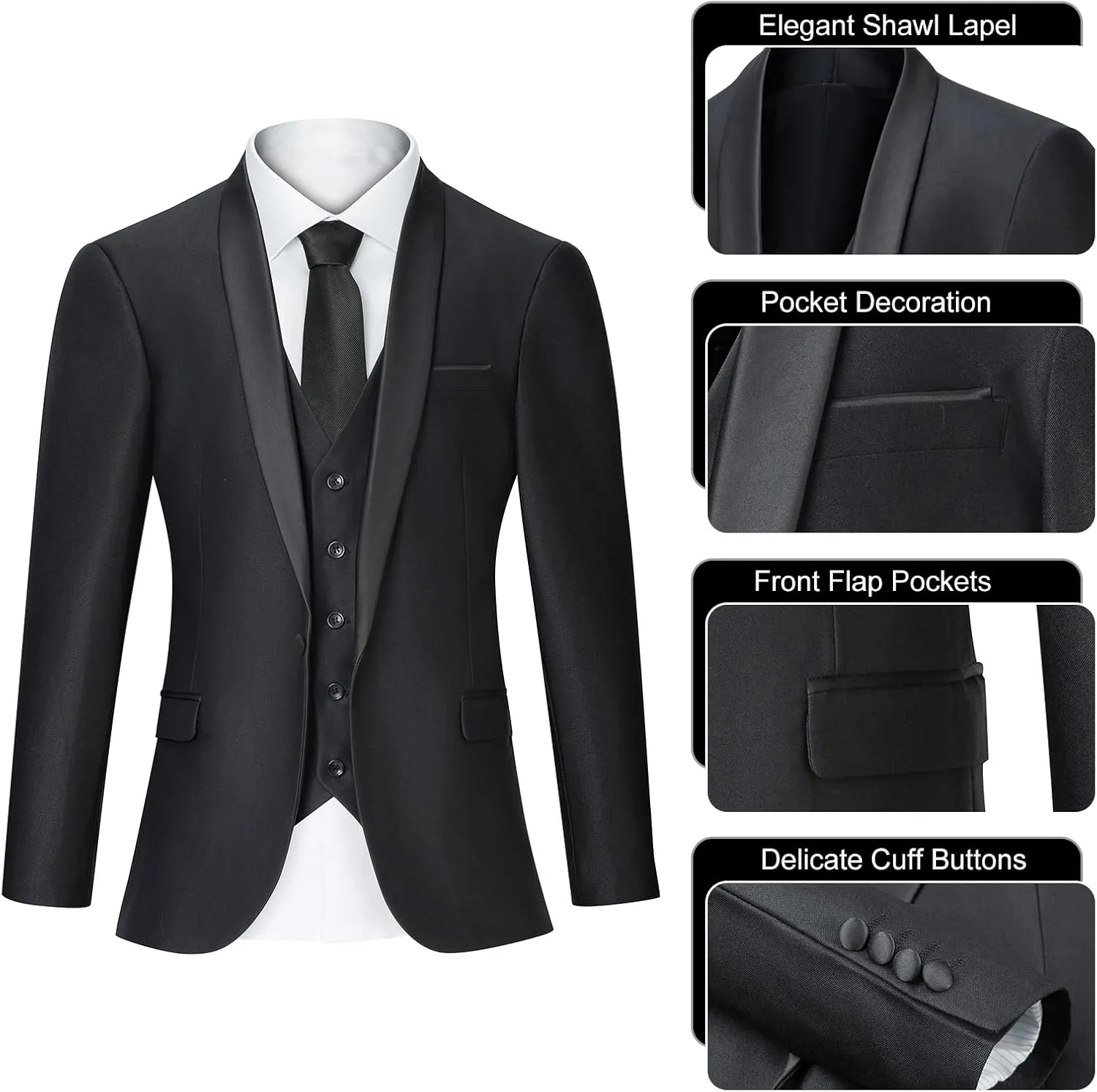 Men's Suit 3 Piece Slim Fit Suits for Men, One Button Solid Shawl Lapel Blazer Jacket Vest Pants Set for Party Wedding
