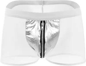 Mens Zipper Lingerie Underwear Faux Leather Pouch Boxer Briefs Shorts Pants See Through Sexy Mesh Erotic Clubwear (White,X-Large)