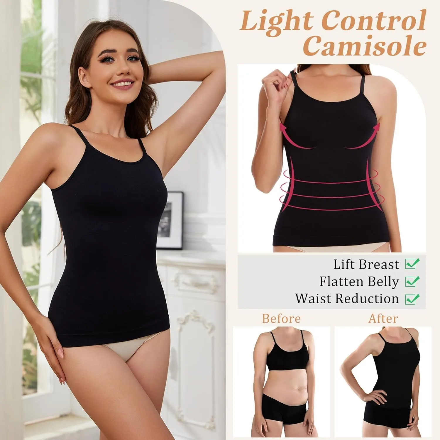 MISS MOLY Women's Camisole Top Shapewear Tummy Control Seamless Body Shaper Tank with Adjustable Spaghetti Straps