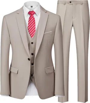 MY'S Mens 3-Piece Slim Fit Suit Set, One Button Solid Jacket Vest Pants with Tie for Wedding Party Business Prom