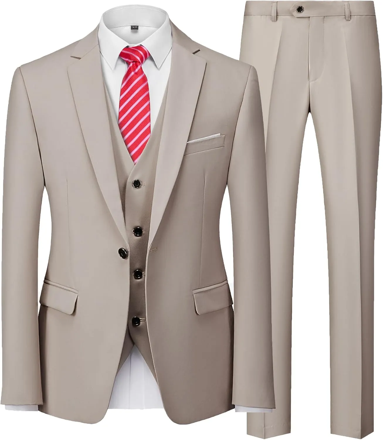 MY'S Mens 3-Piece Slim Fit Suit Set, One Button Solid Jacket Vest Pants with Tie for Wedding Party Business Prom