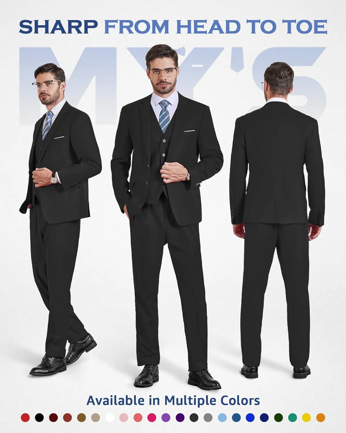 MY'S Men's Slim Fit 3 Pieces Suit, Two Buttons Solid Jacket Pants Set with Tie for Wedding Party Business Prom