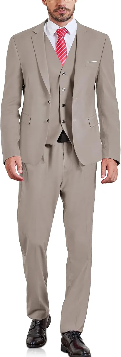 MY'S Men's Slim Fit 3 Pieces Suit, Two Buttons Solid Jacket Pants Set with Tie for Wedding Party Business Prom
