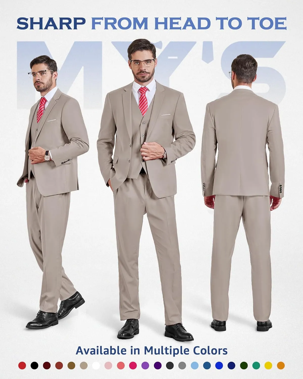 MY'S Men's Slim Fit 3 Pieces Suit, Two Buttons Solid Jacket Pants Set with Tie for Wedding Party Business Prom