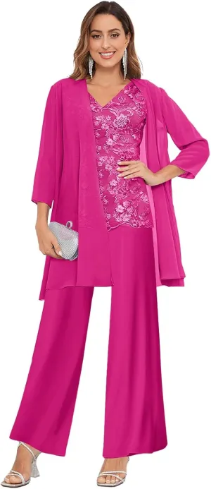 OFEECHUN 3 Pieces Mother of The Bride Pant Suits for Wedding 3/4 Sleeve Chiffon Lace Formal Pants Outfit with Jacket