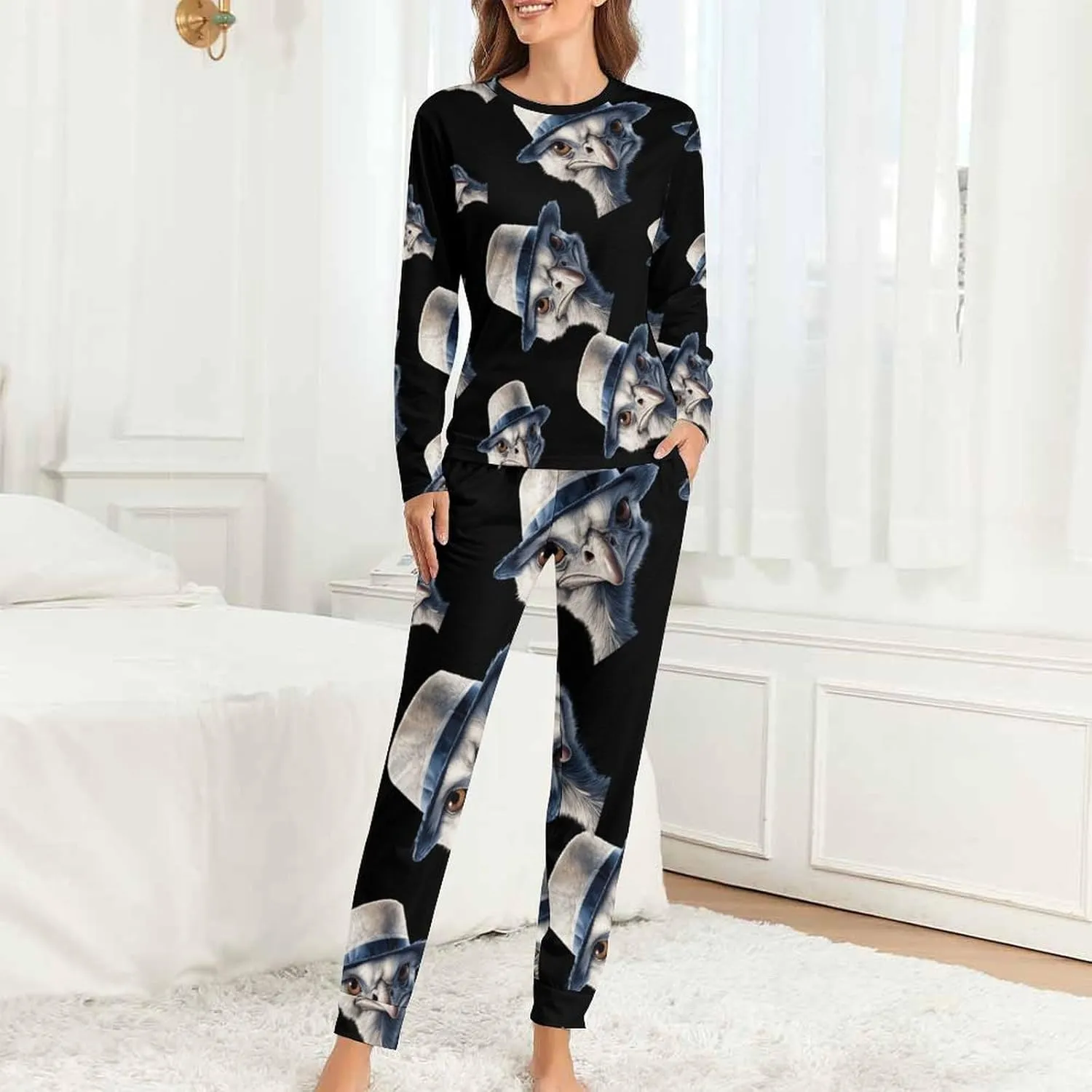 Ostrich-1 Women's Pajama Set Long Sleeve Pj Sets Casual Two Piece Loungewear Soft Sleepwear