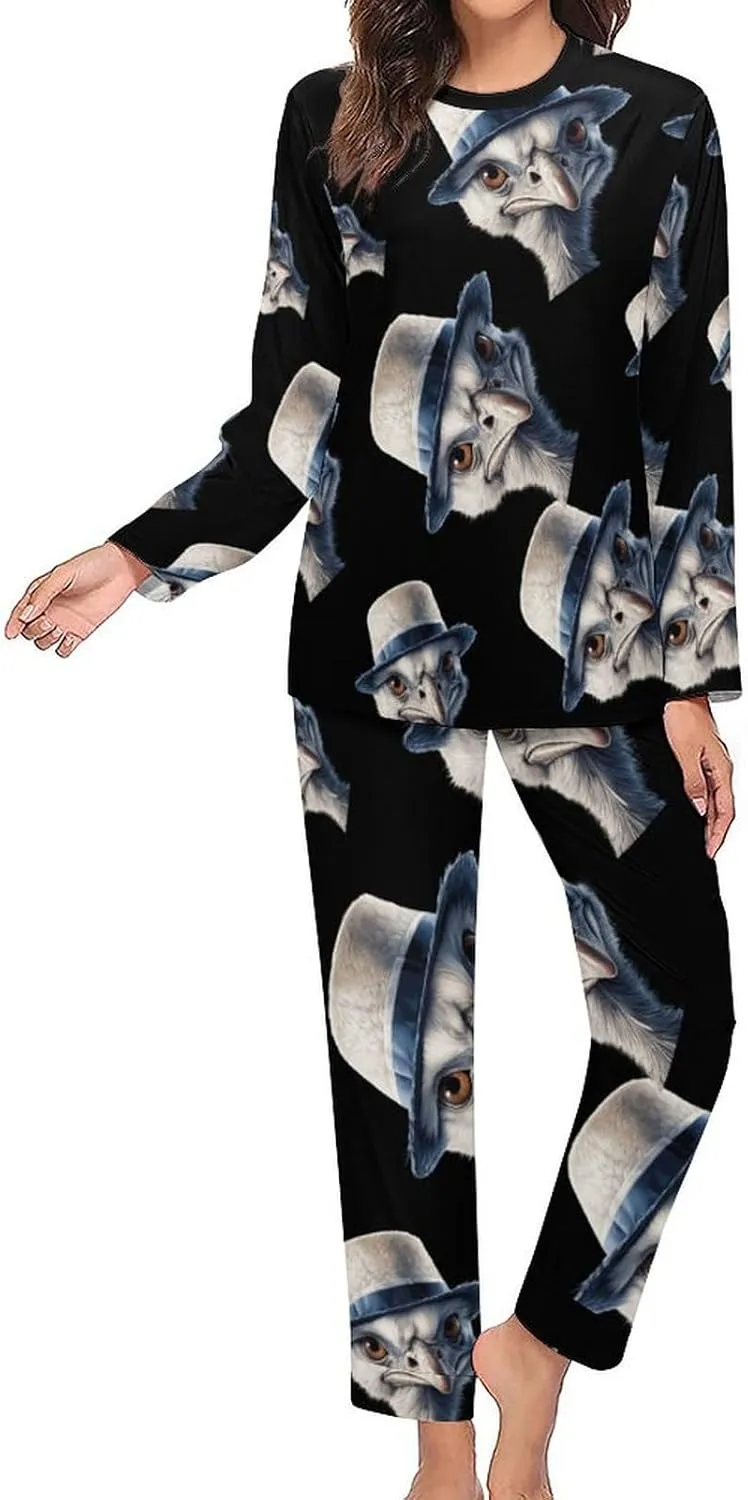 Ostrich-1 Women's Pajama Set Long Sleeve Pj Sets Casual Two Piece Loungewear Soft Sleepwear