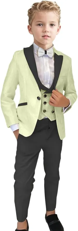 ProPoFol Boys Tuxedo Suit 3 Piece Jacquard Slim Fit Suits for Kids Peak Lapel Formal for Wedding Jacket Vest Pants