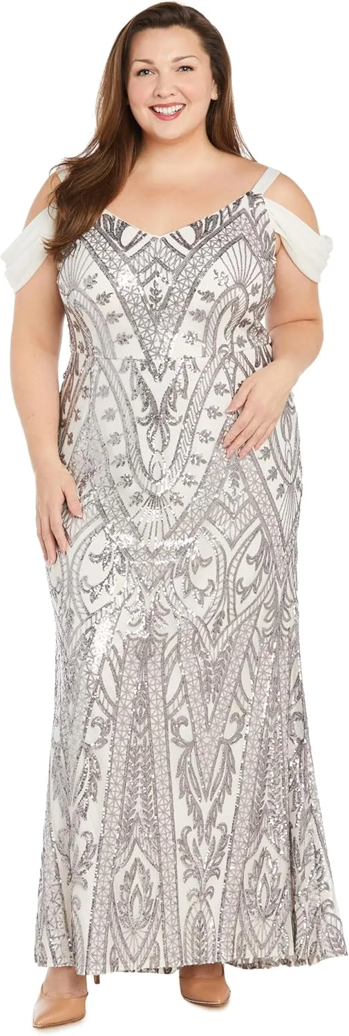 R&M Richards Women's Graceful Mesh Beaded Gown