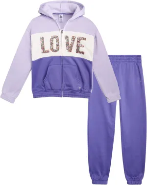 RBX Girls' Active Sweatsuit Set - 2 Piece Fleece Hoodie Sweatshirt and Sweatpants - Sequin Jogger Pants Set for Girls (7-12)