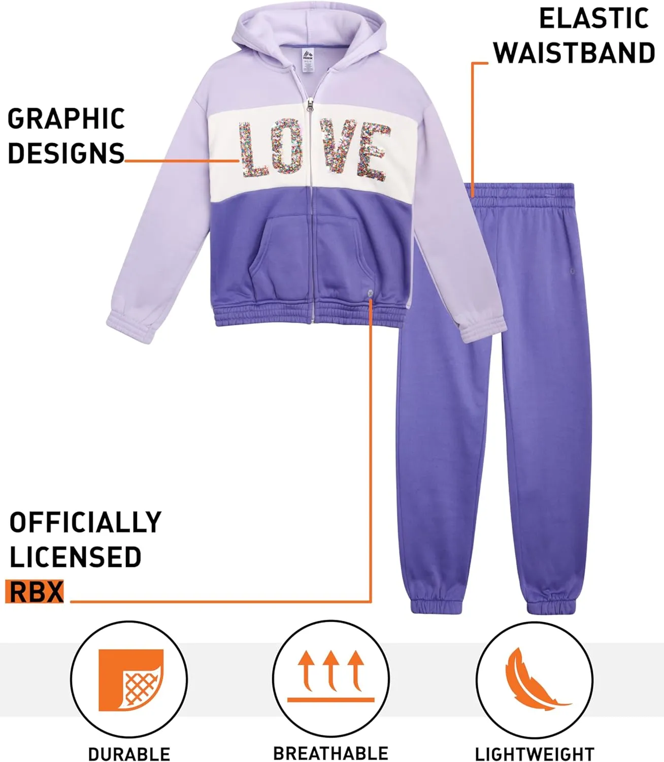 RBX Girls' Active Sweatsuit Set - 2 Piece Fleece Hoodie Sweatshirt and Sweatpants - Sequin Jogger Pants Set for Girls (7-12)