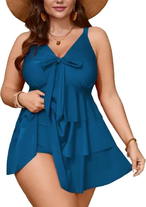 SCOMCHIC Women's Plus Size Swimsuit One Piece Tummy Control Ruffled Swim Dress V Neck Tankini Swimwear Bathing Suit