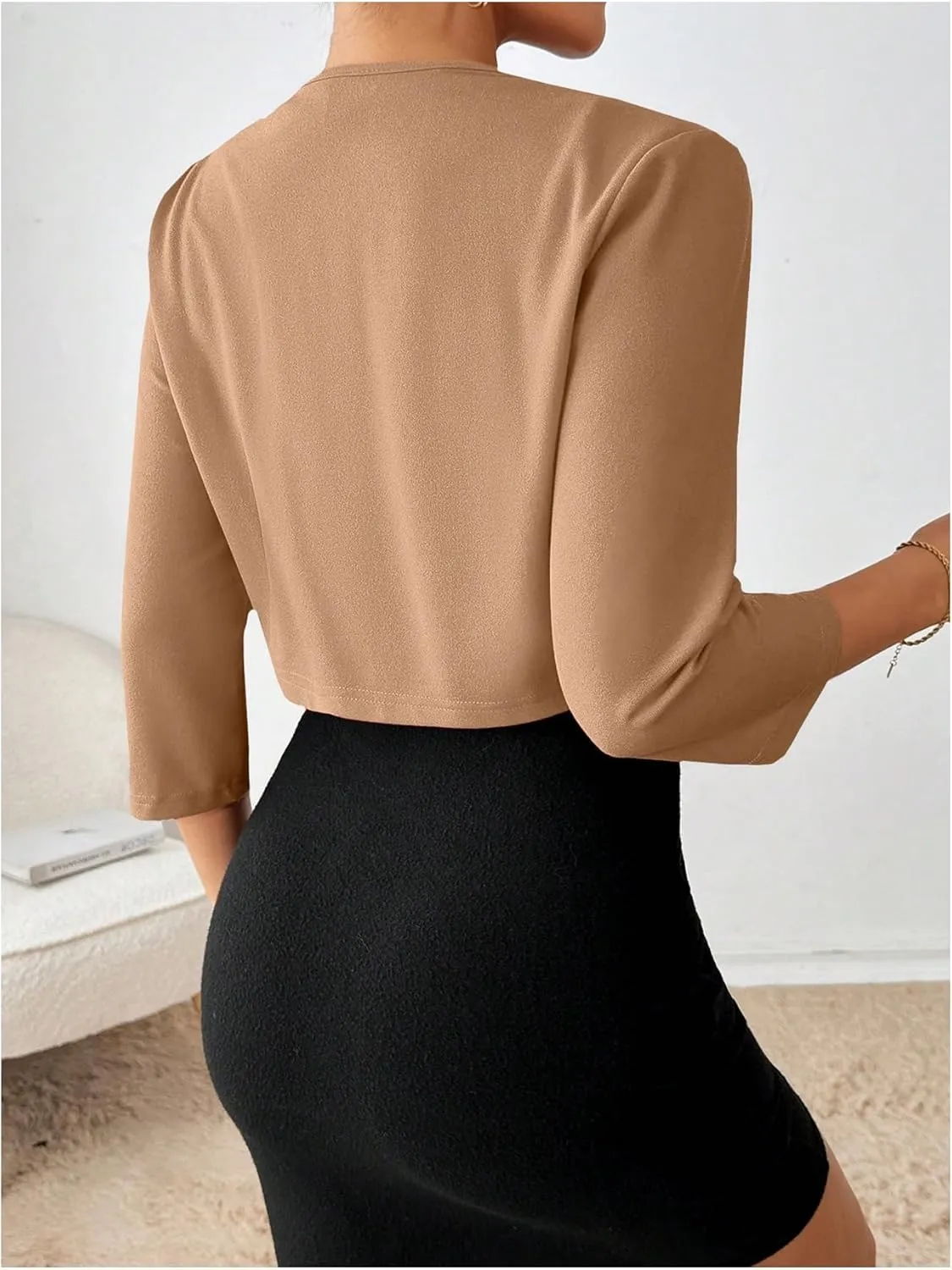 SOLY HUX Women's Blazer Jacket Open Front 3/4 Sleeve Pleated Work Office Cropped Jacket