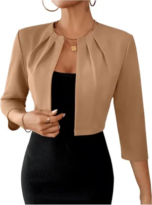 SOLY HUX Women's Blazer Jacket Open Front 3/4 Sleeve Pleated Work Office Cropped Jacket