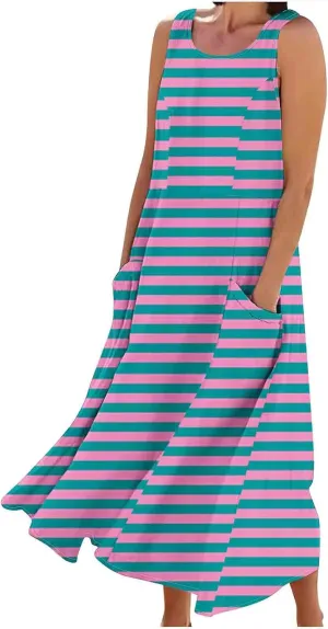 Summer Dresses for Womens Cotton Linen Sleeveless Maxi Dresses Casual Sun Dress Comfy Summer Beach Outfits with Pocket