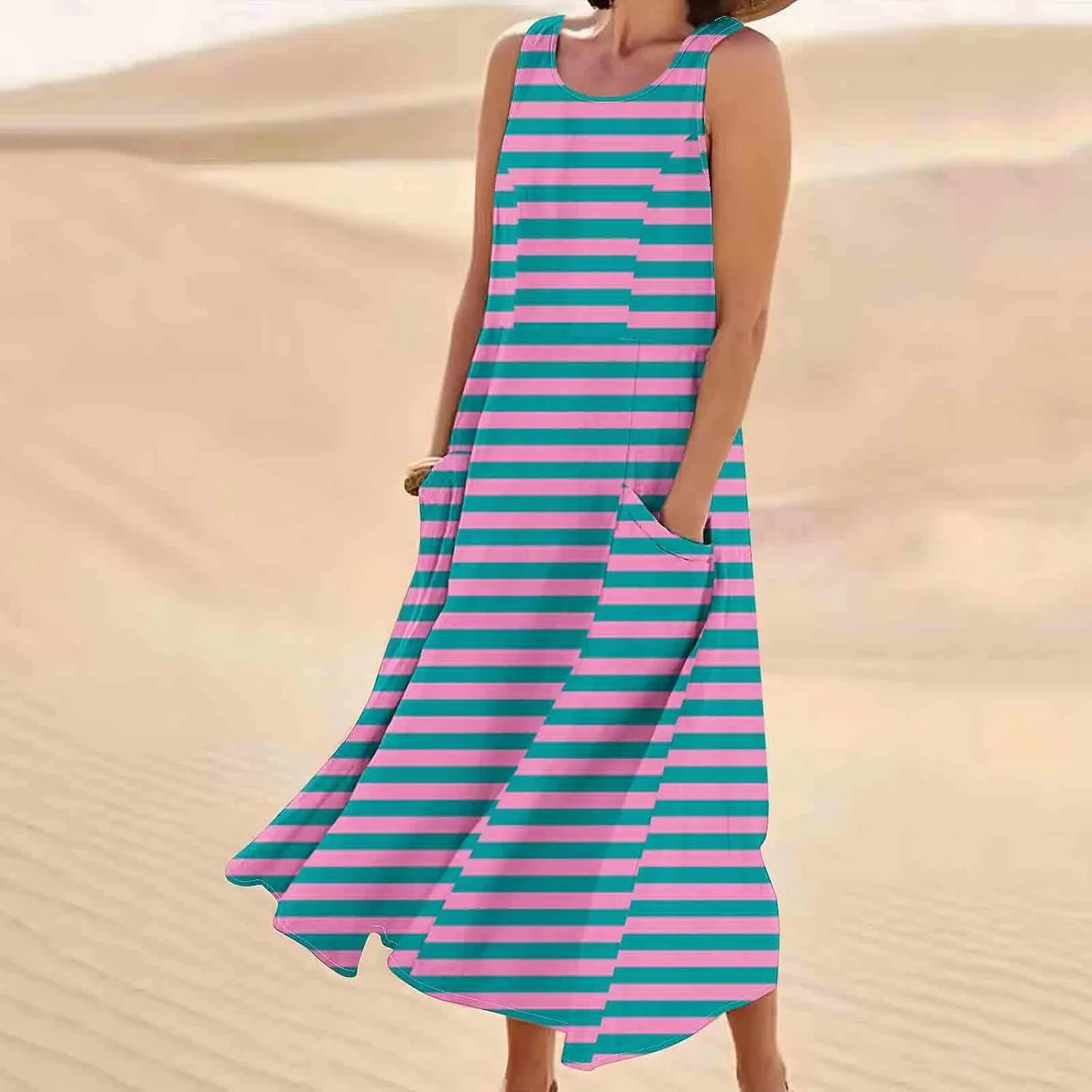 Summer Dresses for Womens Cotton Linen Sleeveless Maxi Dresses Casual Sun Dress Comfy Summer Beach Outfits with Pocket