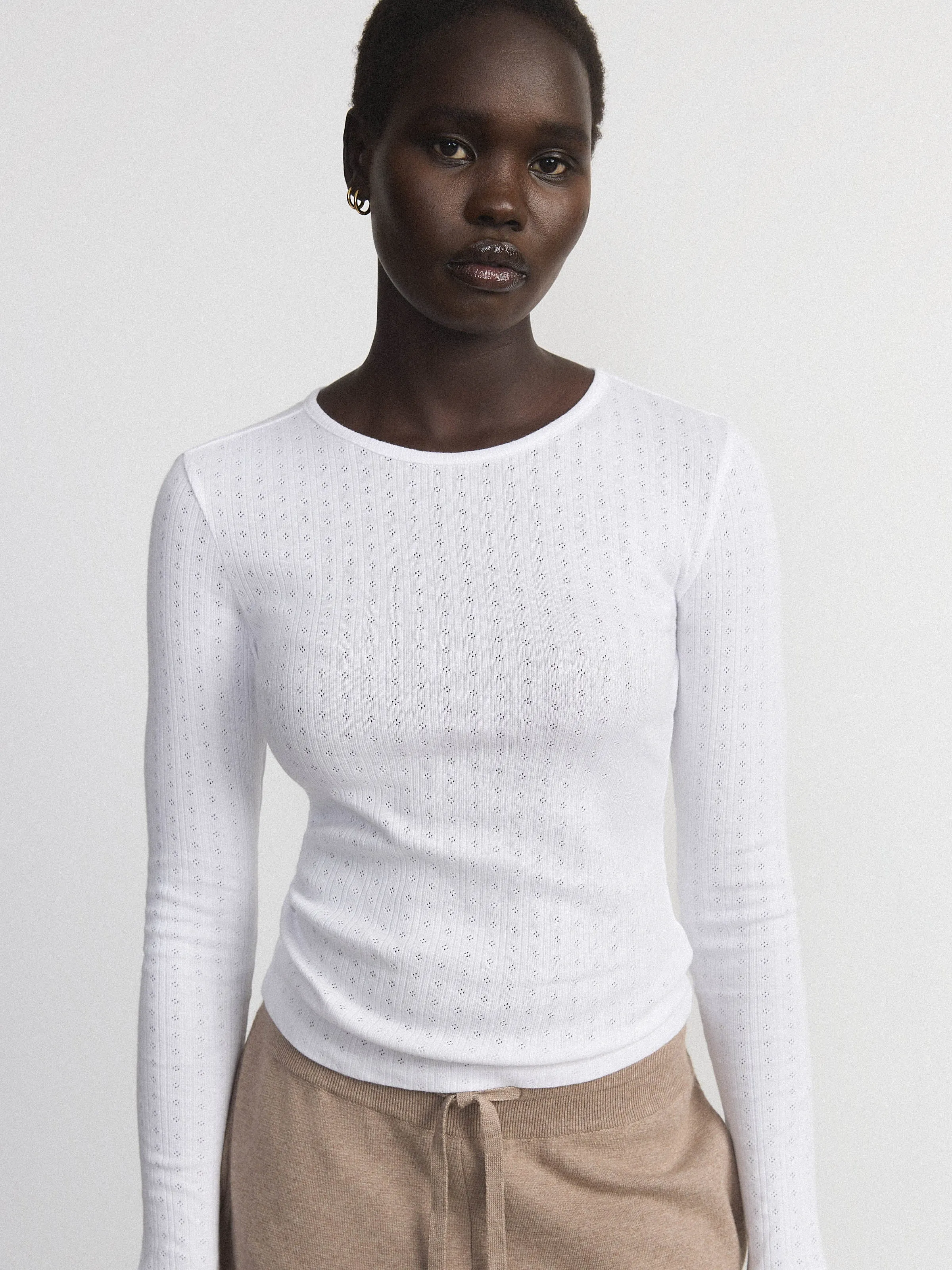 The Long Sleeve Pointelle Top in White