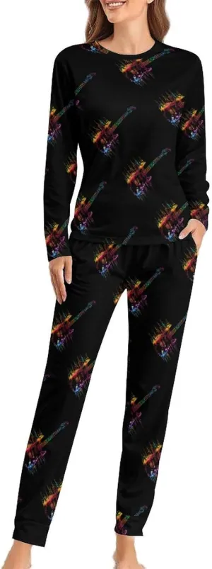 Tie Dye Guitar Heartbeat Womens 2 Pieces Pajama Sets Long Sleeve Sleepwear Loungewear PJs Sets with Pockets