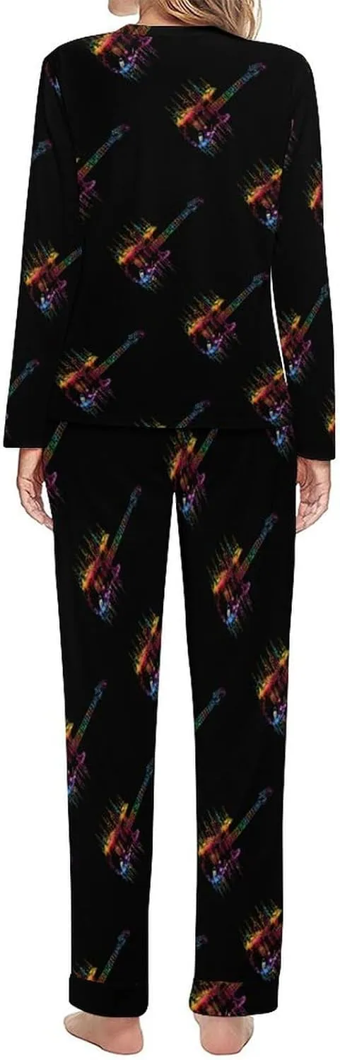 Tie Dye Guitar Heartbeat Womens 2 Pieces Pajama Sets Long Sleeve Sleepwear Loungewear PJs Sets with Pockets