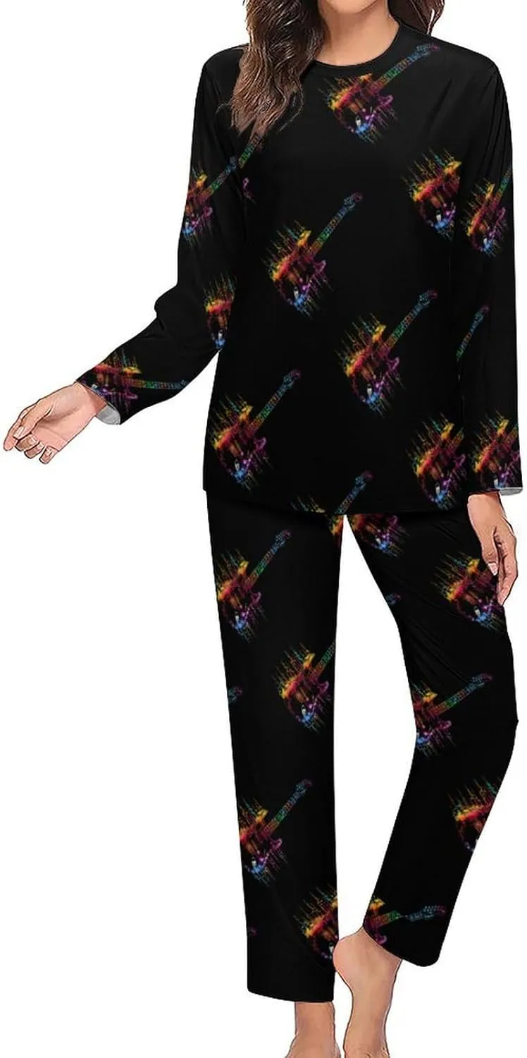 Tie Dye Guitar Heartbeat Womens 2 Pieces Pajama Sets Long Sleeve Sleepwear Loungewear PJs Sets with Pockets