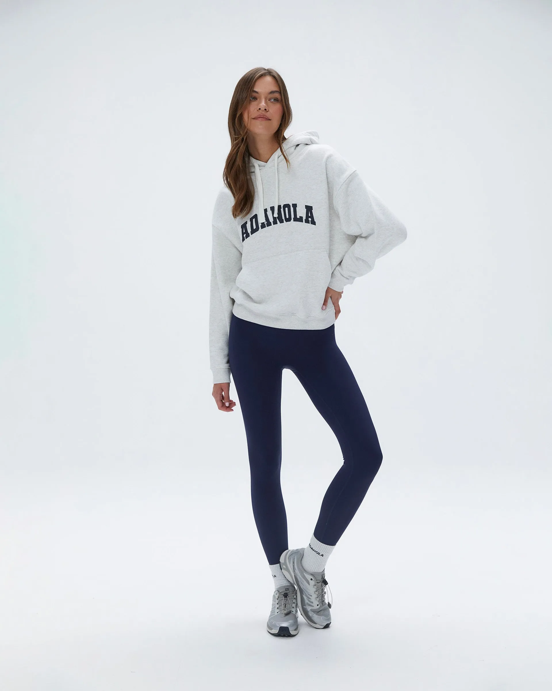 Varsity Relaxed Drawcord Hoodie - Light Grey Melange/Navy Blue